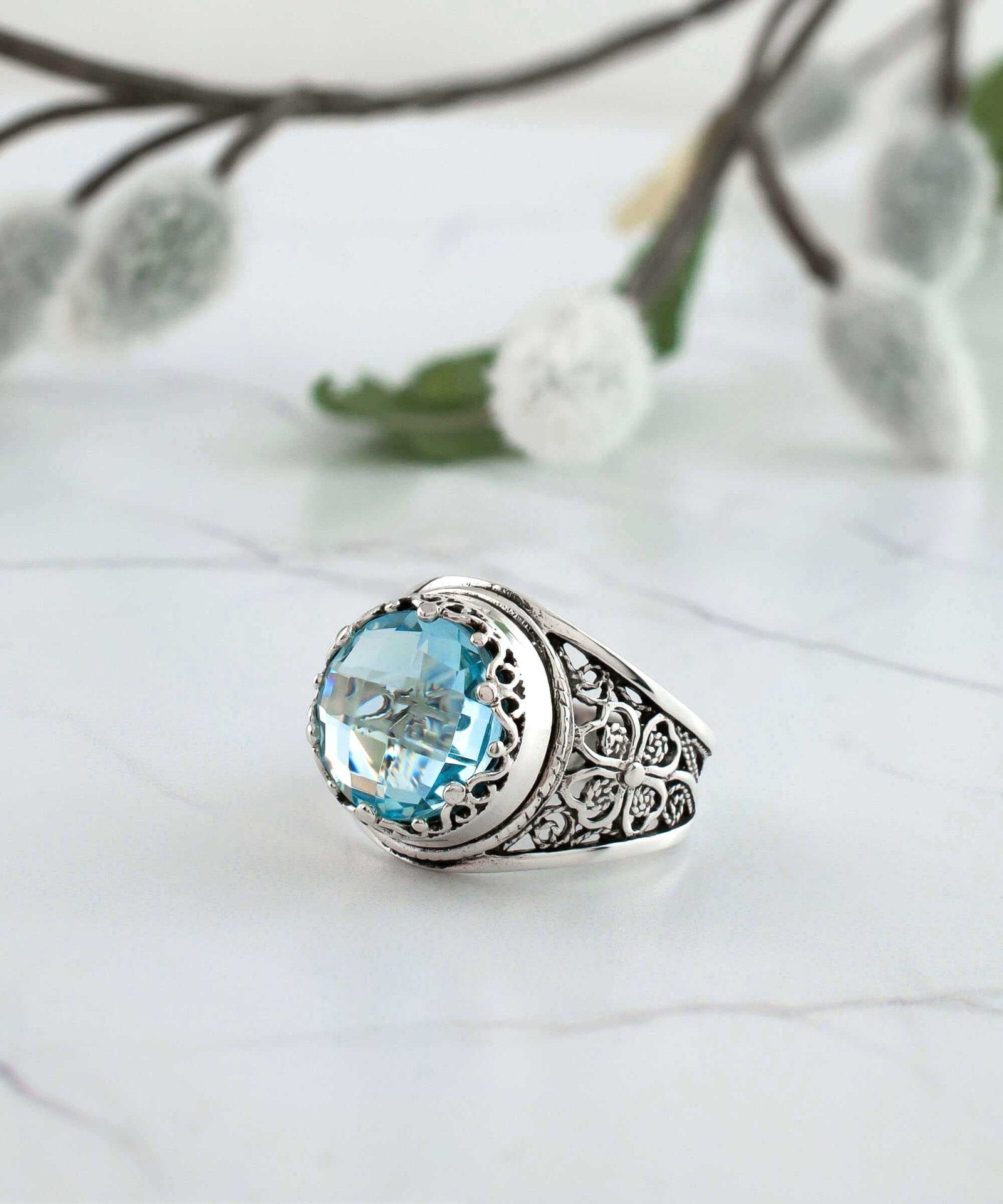 Filigree Art Blue Topaz Gemstone Women Crown Silver Statement Ring - Drakoi Marketplace