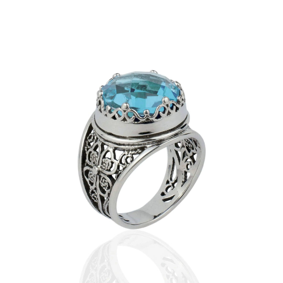 Filigree Art Blue Topaz Gemstone Women Crown Silver Statement Ring - Drakoi Marketplace