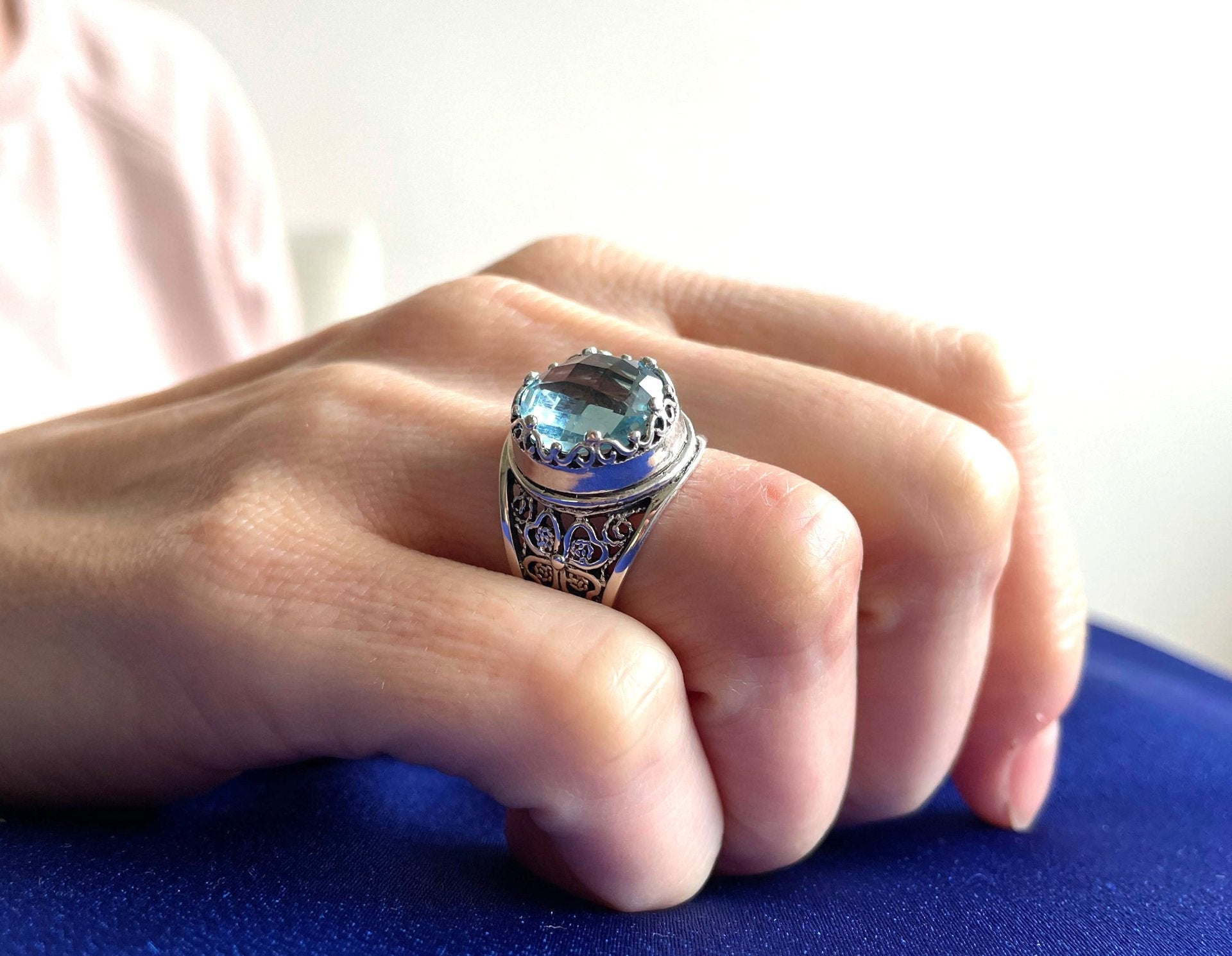 Filigree Art Blue Topaz Gemstone Women Crown Silver Statement Ring - Drakoi Marketplace