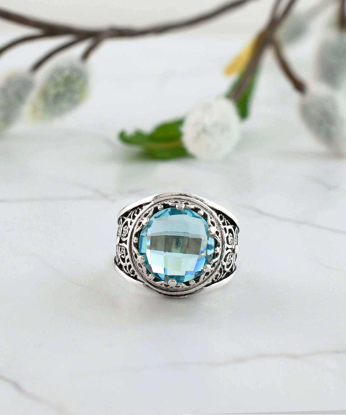 Filigree Art Blue Topaz Gemstone Women Crown Silver Statement Ring - Drakoi Marketplace