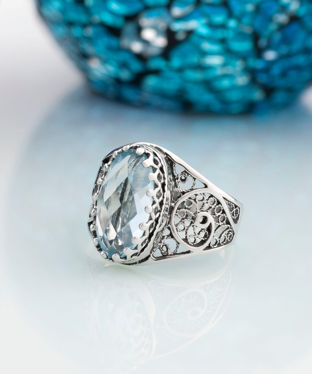 Filigree Art Blue Topaz Gemstone Women Oval Silver Cocktail Ring - Drakoi Marketplace