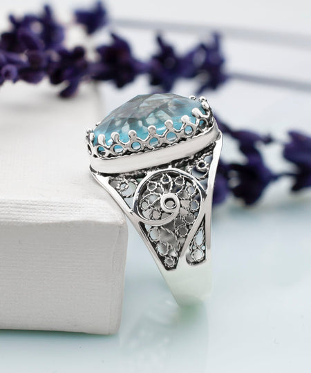 Filigree Art Blue Topaz Gemstone Women Oval Silver Cocktail Ring - Drakoi Marketplace