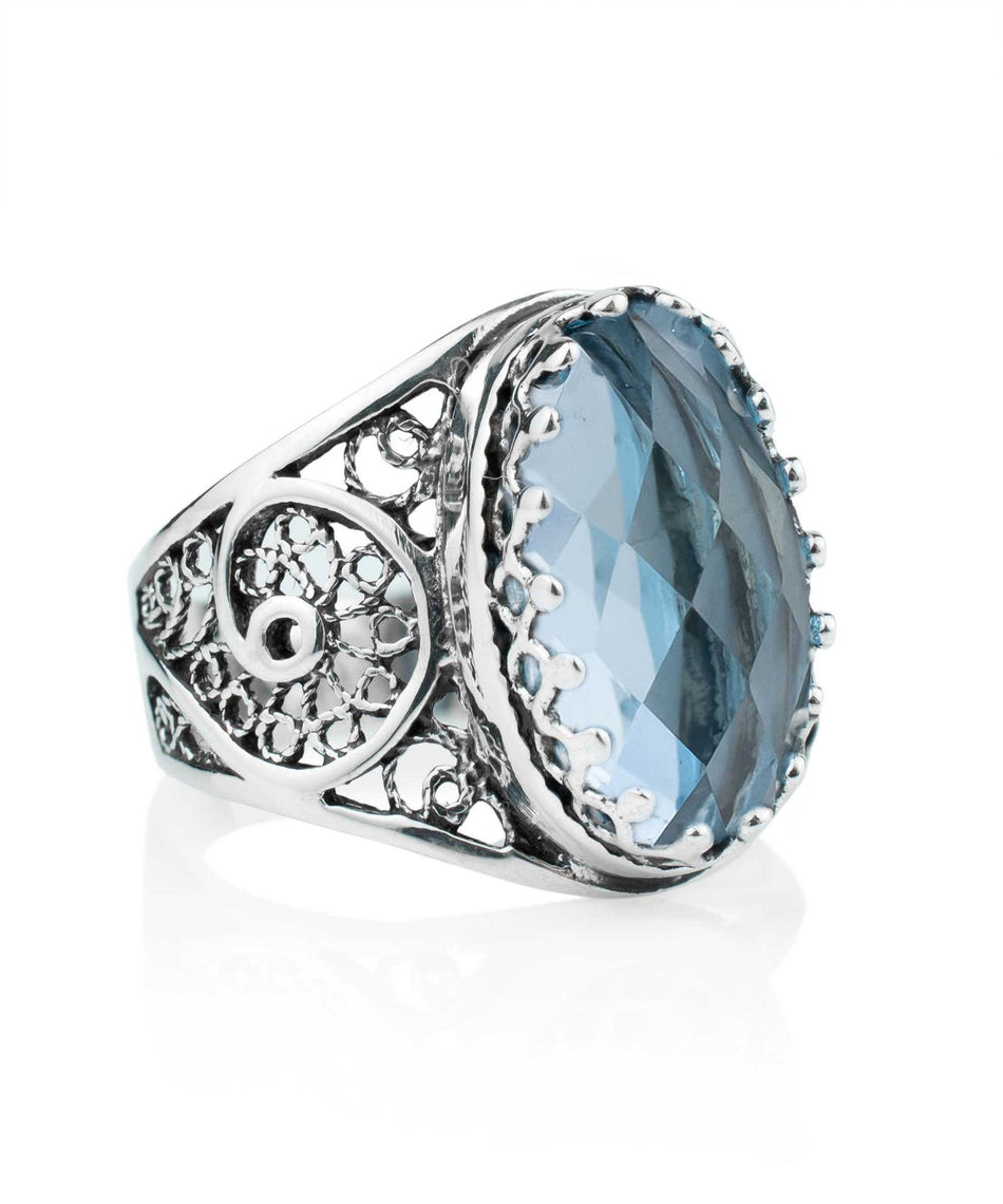 Filigree Art Blue Topaz Gemstone Women Oval Silver Cocktail Ring - Drakoi Marketplace