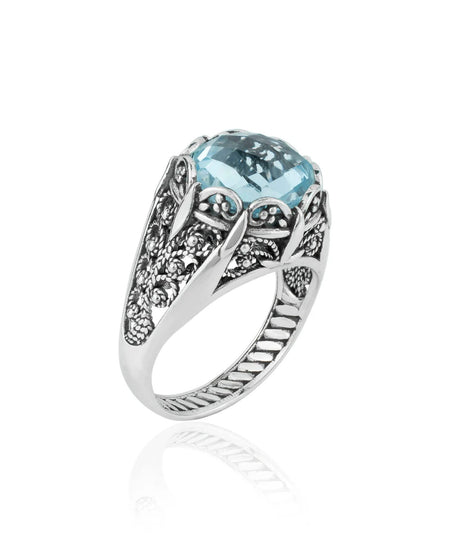 Filigree Art Blue Topaz Gemstone Women Silver Cocktail Ring - Drakoi Marketplace