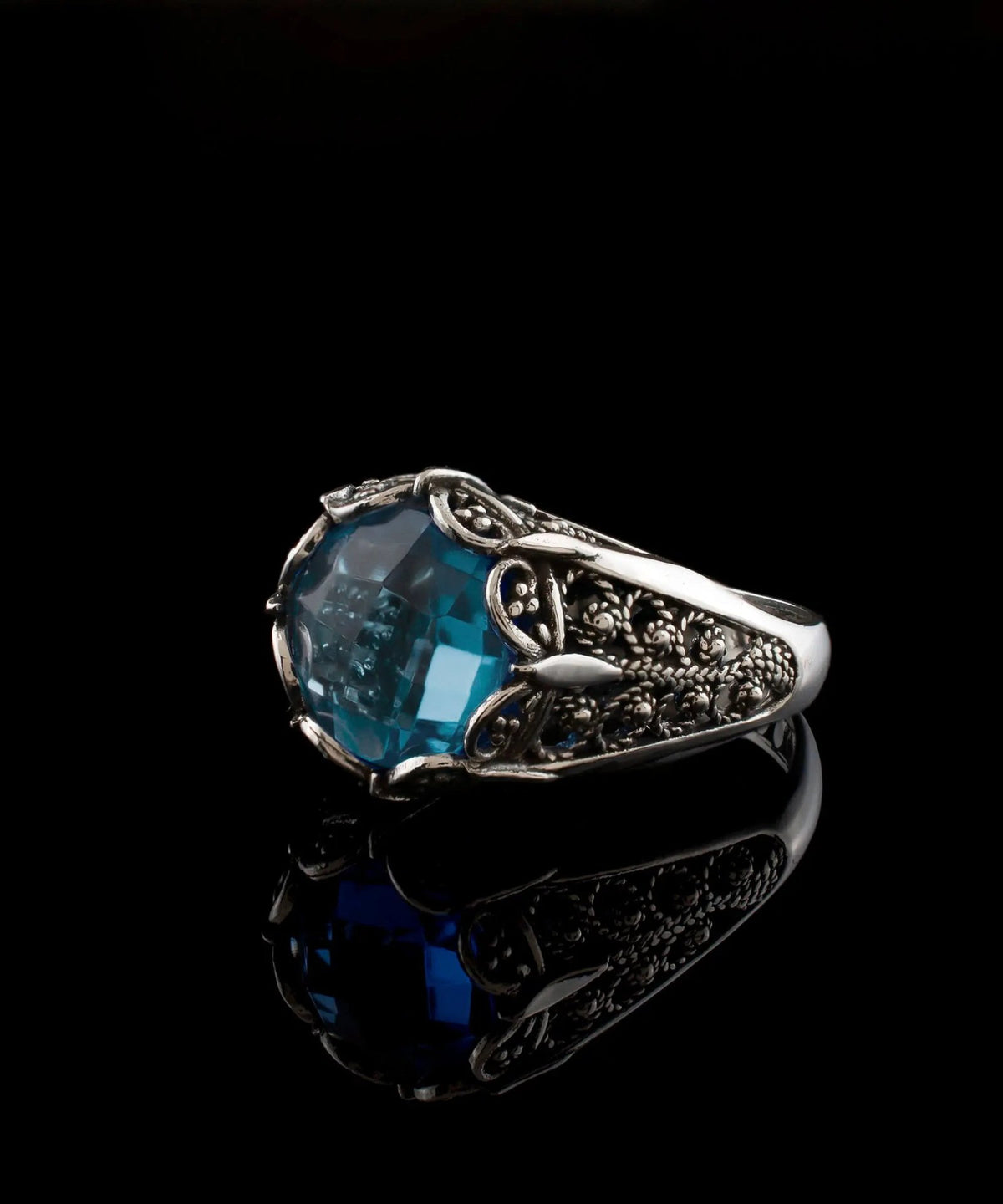 Filigree Art Blue Topaz Gemstone Women Silver Cocktail Ring - Drakoi Marketplace