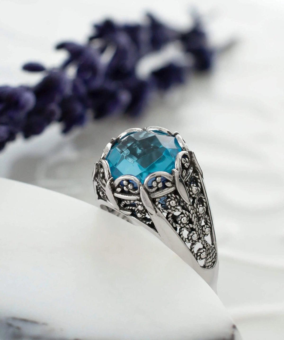 Filigree Art Blue Topaz Gemstone Women Silver Cocktail Ring - Drakoi Marketplace