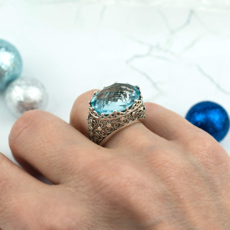 Filigree Art Blue Topaz Gemstone Women Silver Dome Statement Ring - Drakoi Marketplace