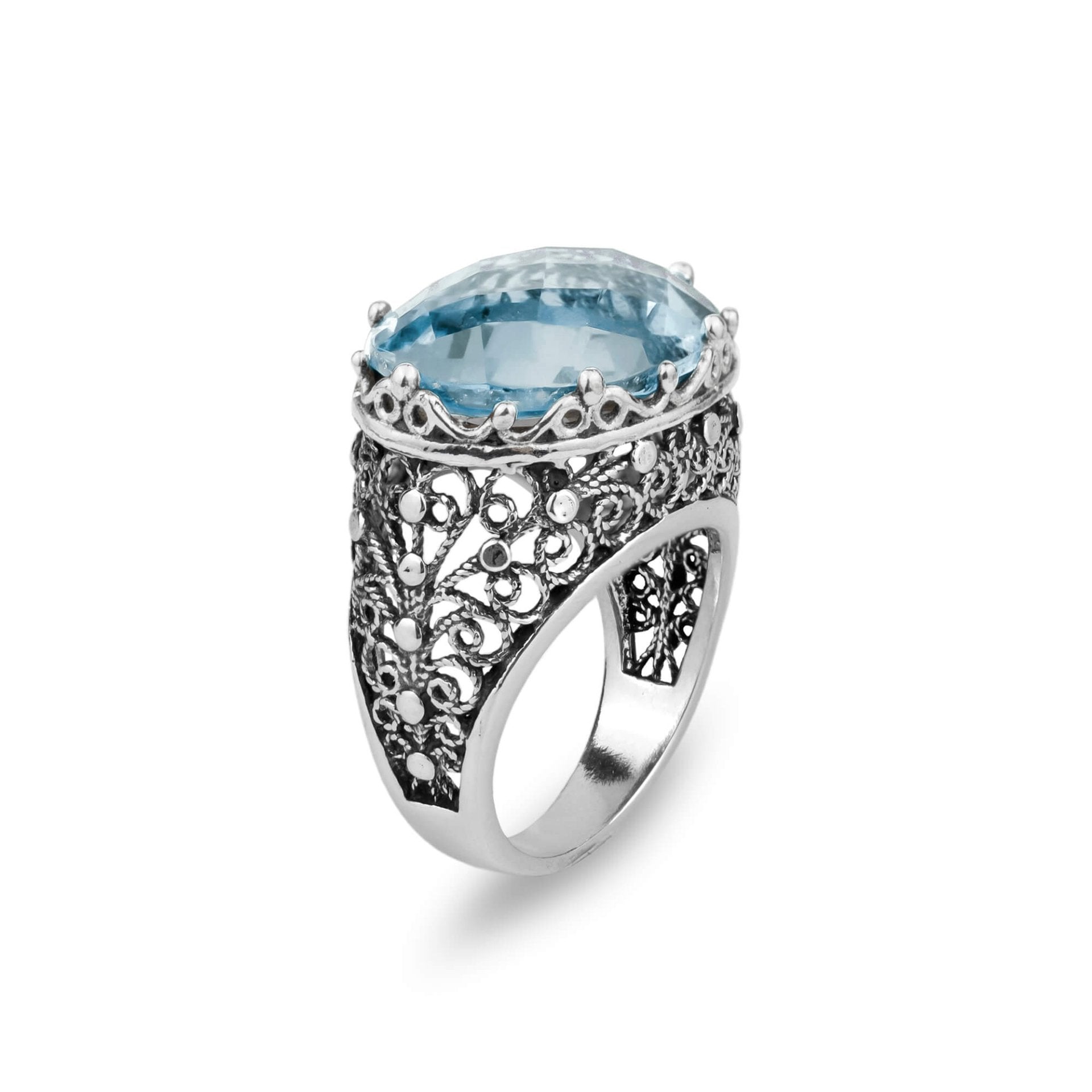 Filigree Art Blue Topaz Gemstone Women Silver Dome Statement Ring - Drakoi Marketplace