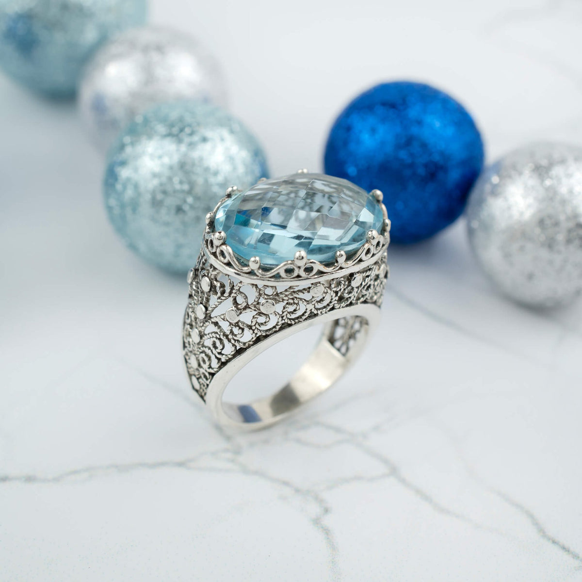 Filigree Art Blue Topaz Gemstone Women Silver Dome Statement Ring - Drakoi Marketplace