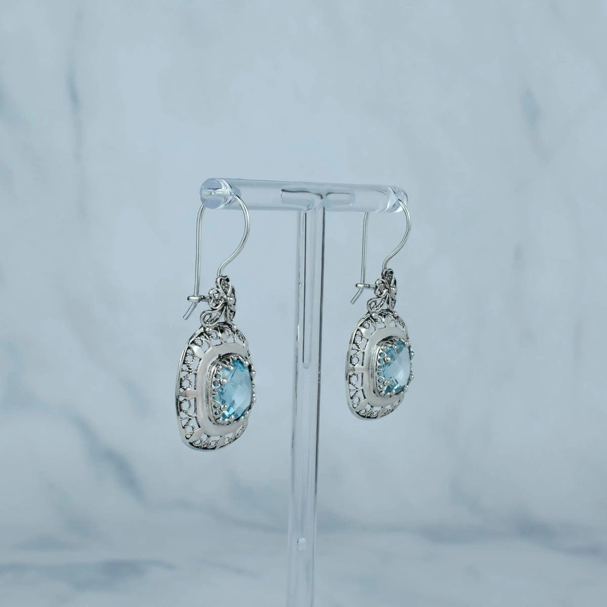 Filigree Art Blue Topaz Gemstone Women Silver Drop Earrings - Drakoi Marketplace