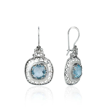 Filigree Art Blue Topaz Gemstone Women Silver Drop Earrings - Drakoi Marketplace