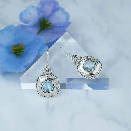 Filigree Art Blue Topaz Gemstone Women Silver Drop Earrings - Drakoi Marketplace