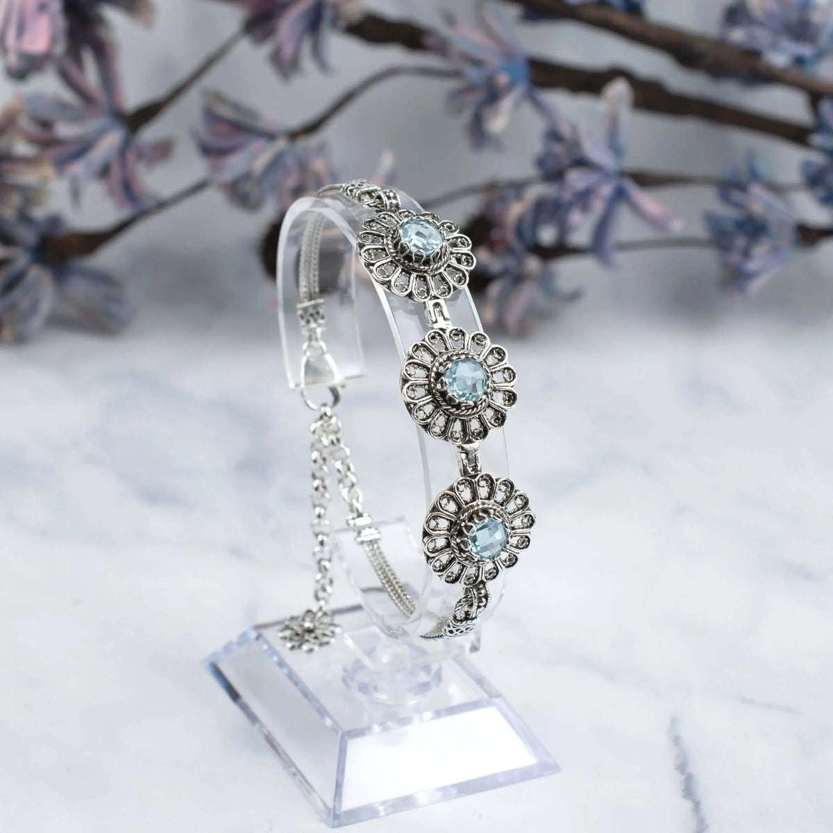 Filigree Art Blue Topaz Gemstone Women Silver Link Bracelet - Drakoi Marketplace