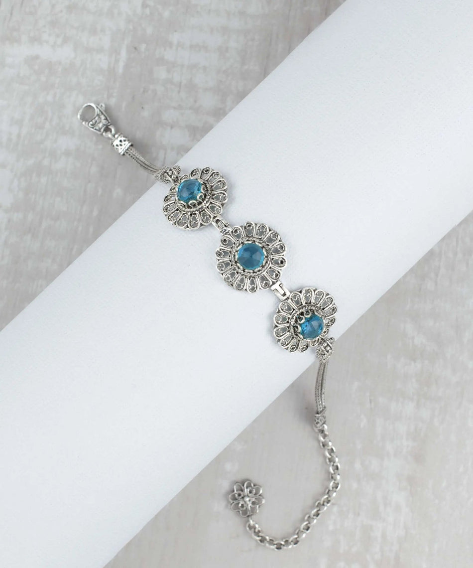 Filigree Art Blue Topaz Gemstone Women Silver Link Bracelet - Drakoi Marketplace