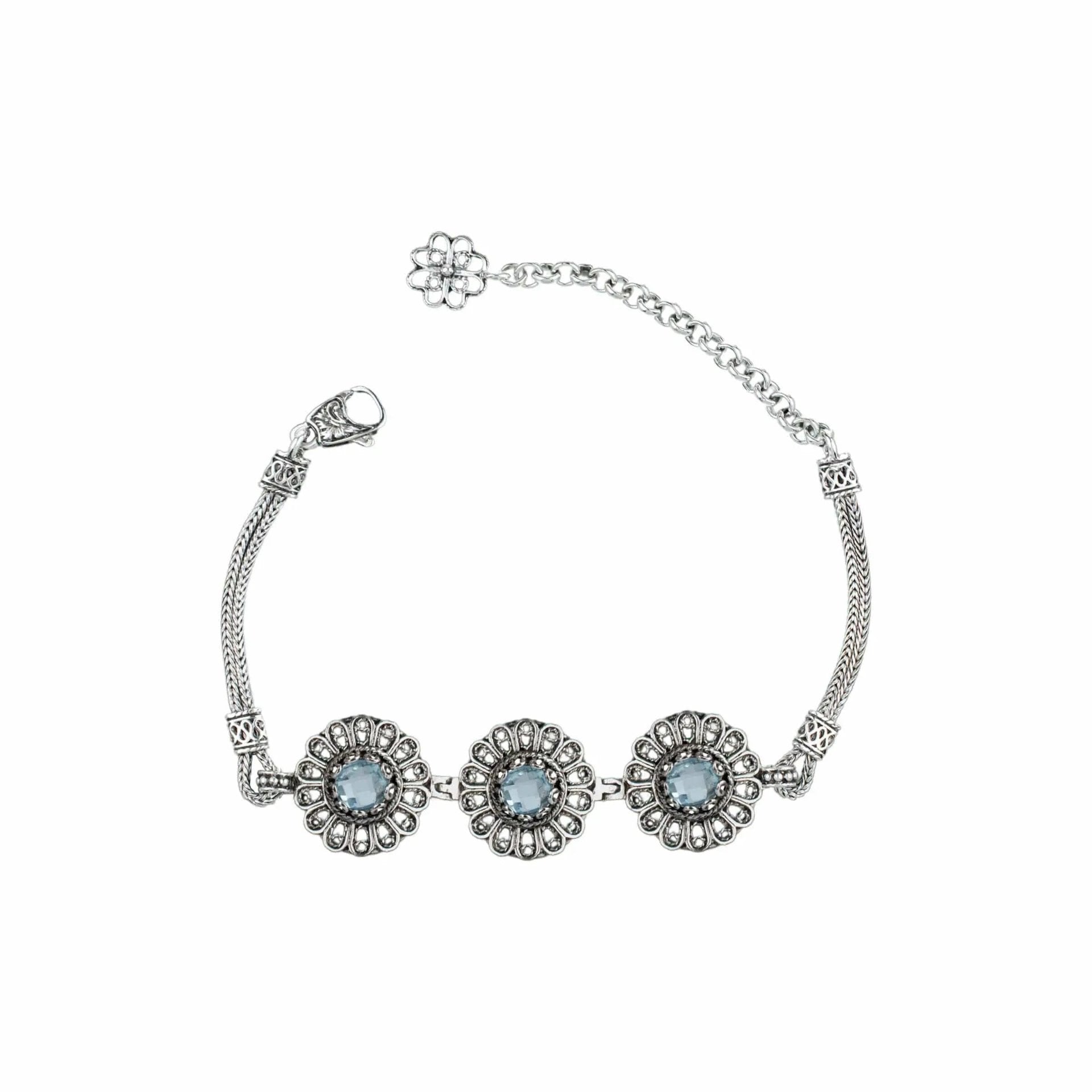 Filigree Art Blue Topaz Gemstone Women Silver Link Bracelet - Drakoi Marketplace