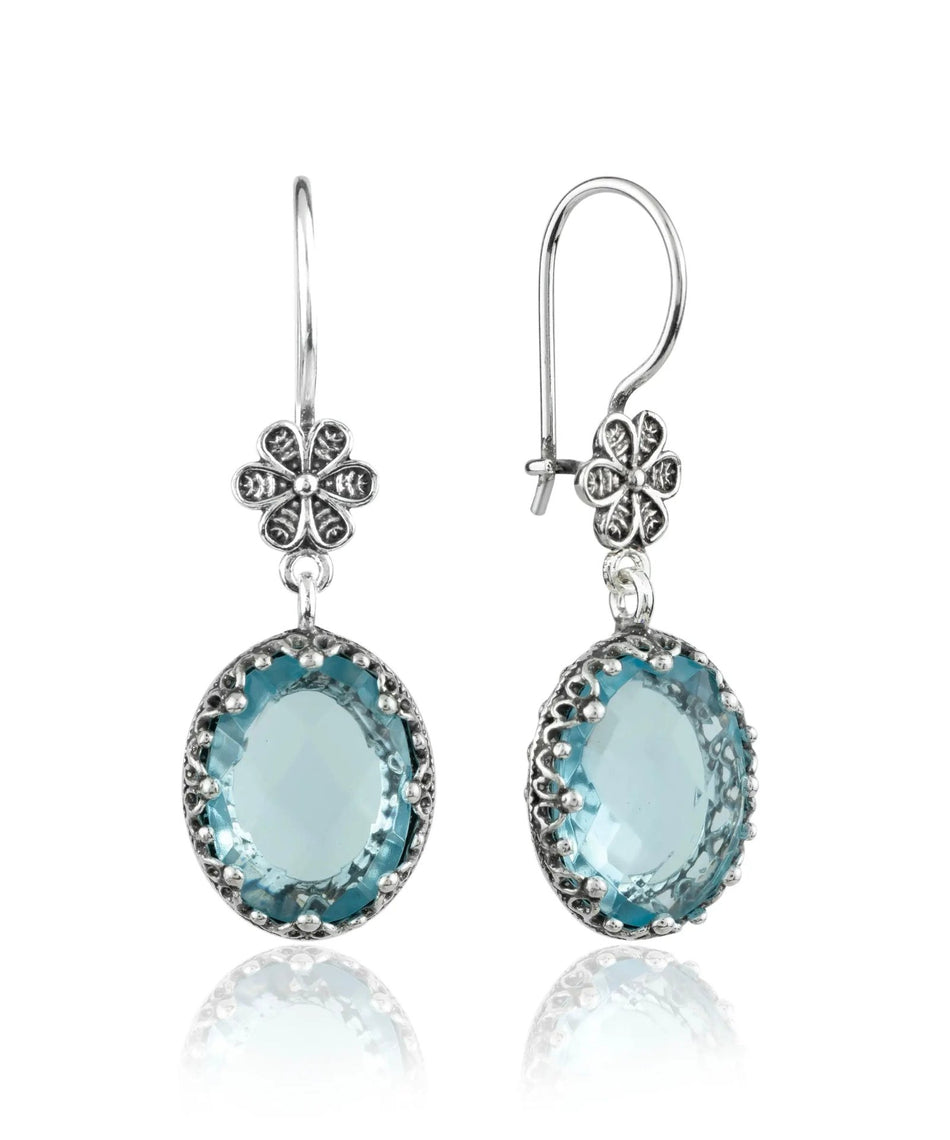 Filigree Art Blue Topaz Gemstone Women Silver Oval Dangle Earrings - Drakoi Marketplace