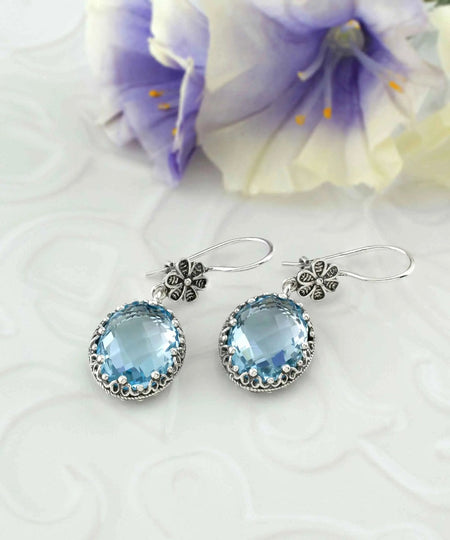 Filigree Art Blue Topaz Gemstone Women Silver Oval Dangle Earrings - Drakoi Marketplace