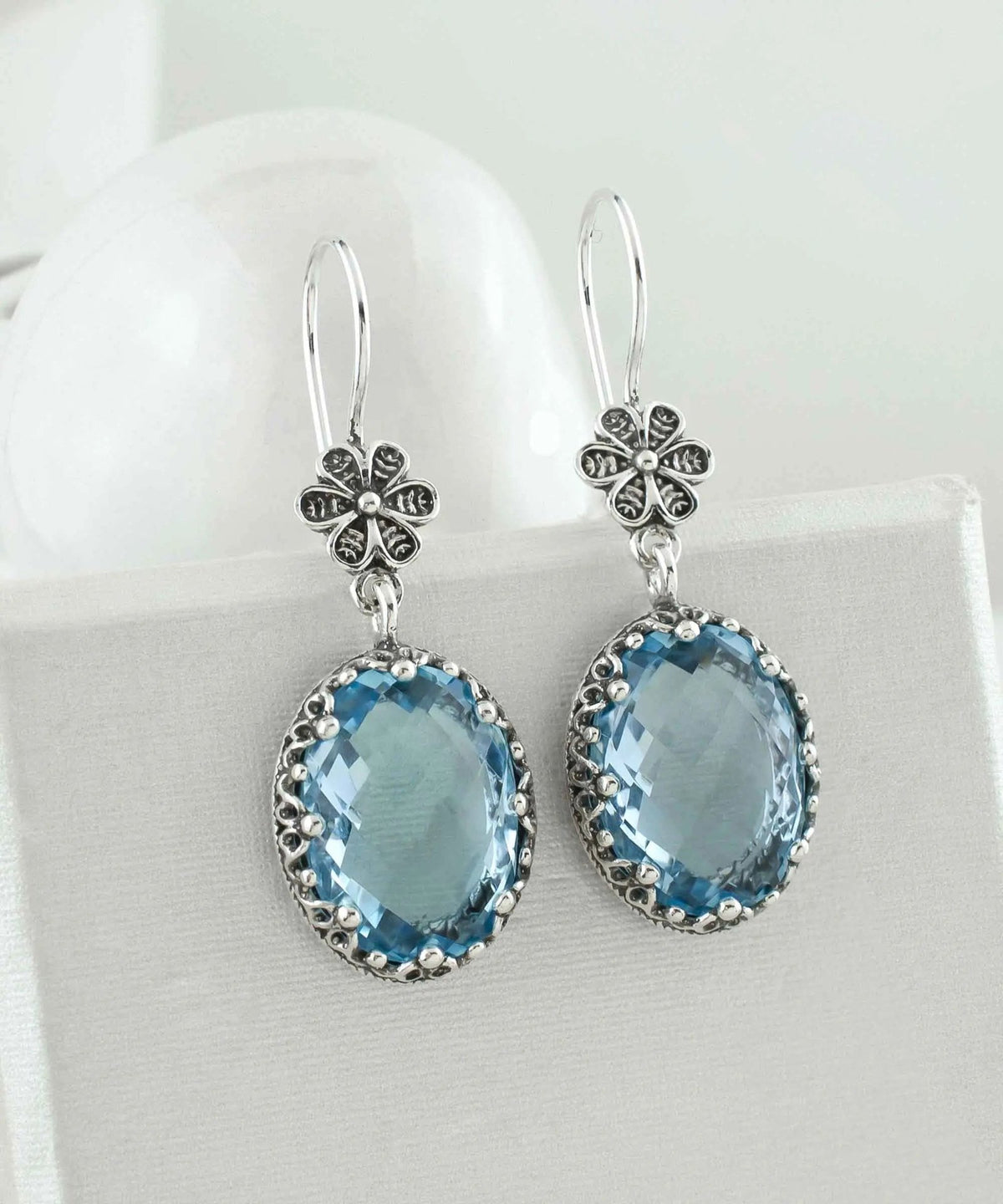 Filigree Art Blue Topaz Gemstone Women Silver Oval Dangle Earrings - Drakoi Marketplace