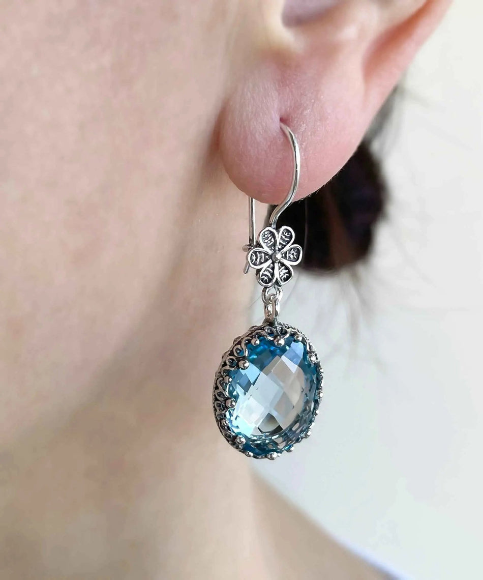 Filigree Art Blue Topaz Gemstone Women Silver Oval Dangle Earrings - Drakoi Marketplace