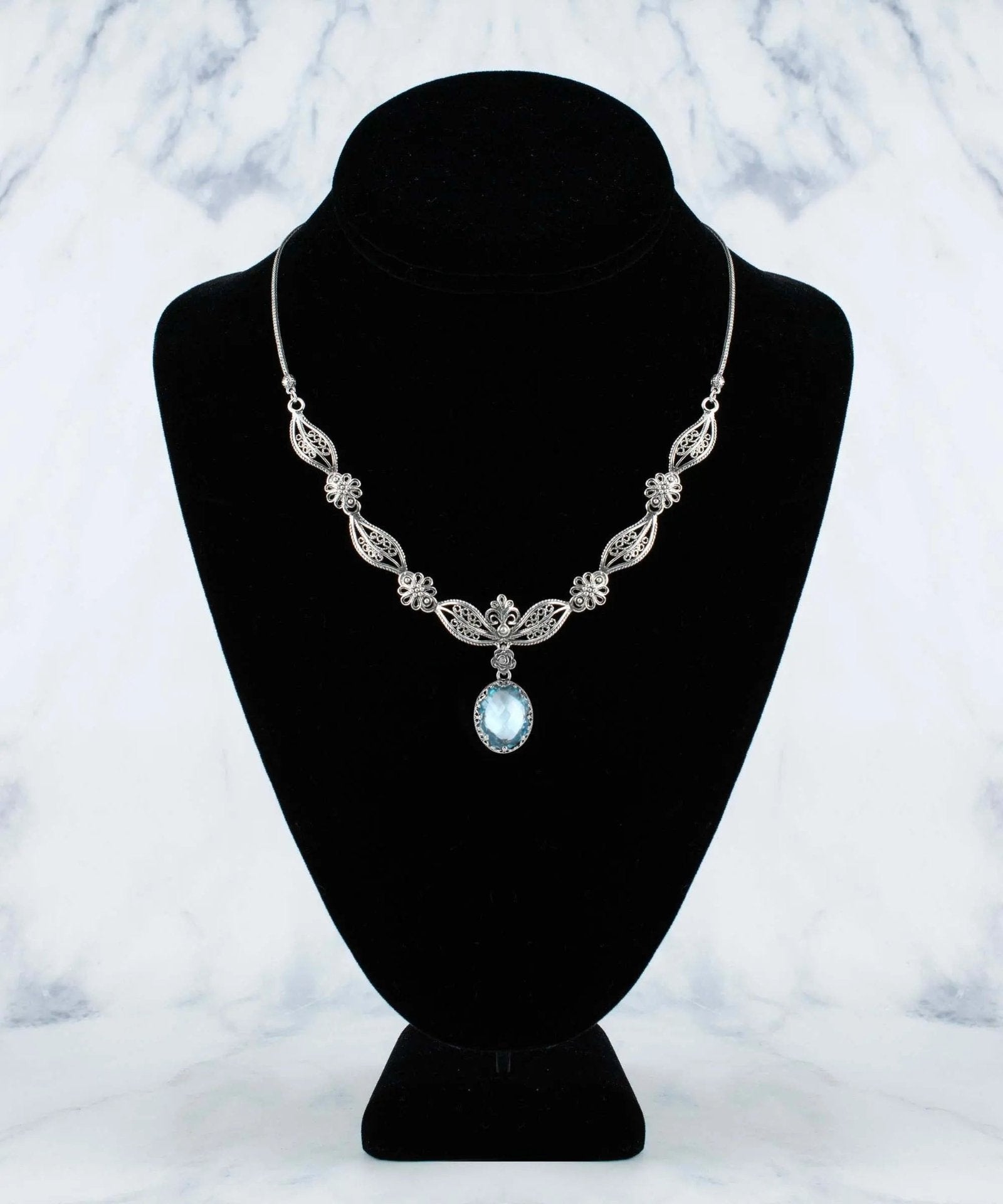 Filigree Art Blue Topaz Gemstone Women Silver Princess Necklace - Drakoi Marketplace