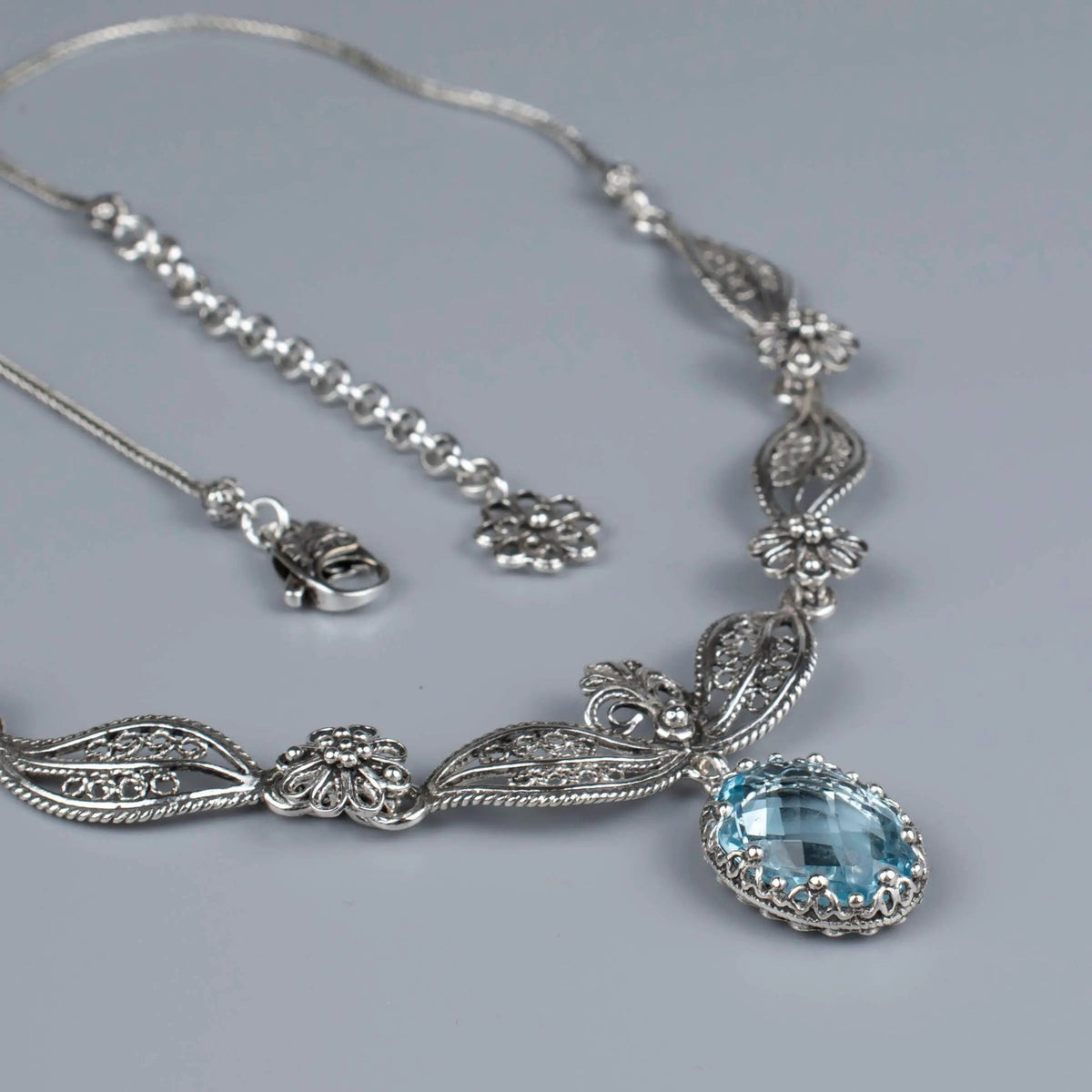 Filigree Art Blue Topaz Gemstone Women Silver Princess Necklace - Drakoi Marketplace