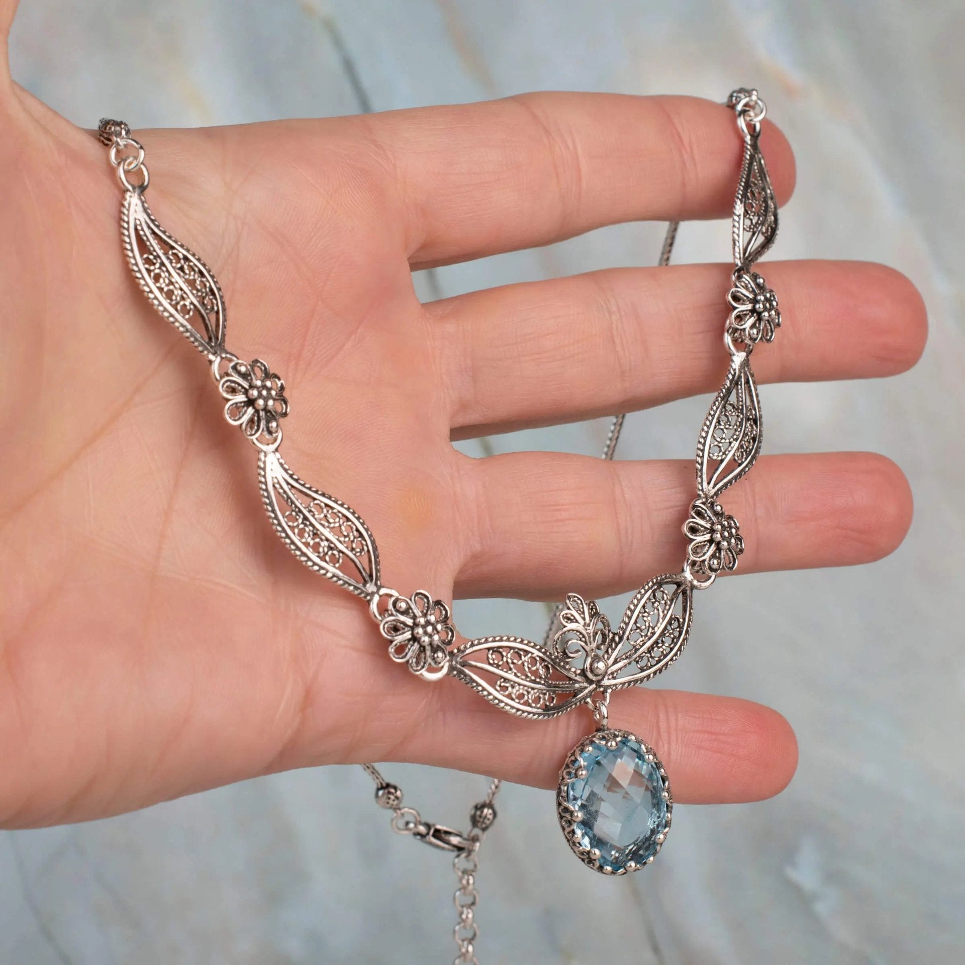 Filigree Art Blue Topaz Gemstone Women Silver Princess Necklace - Drakoi Marketplace