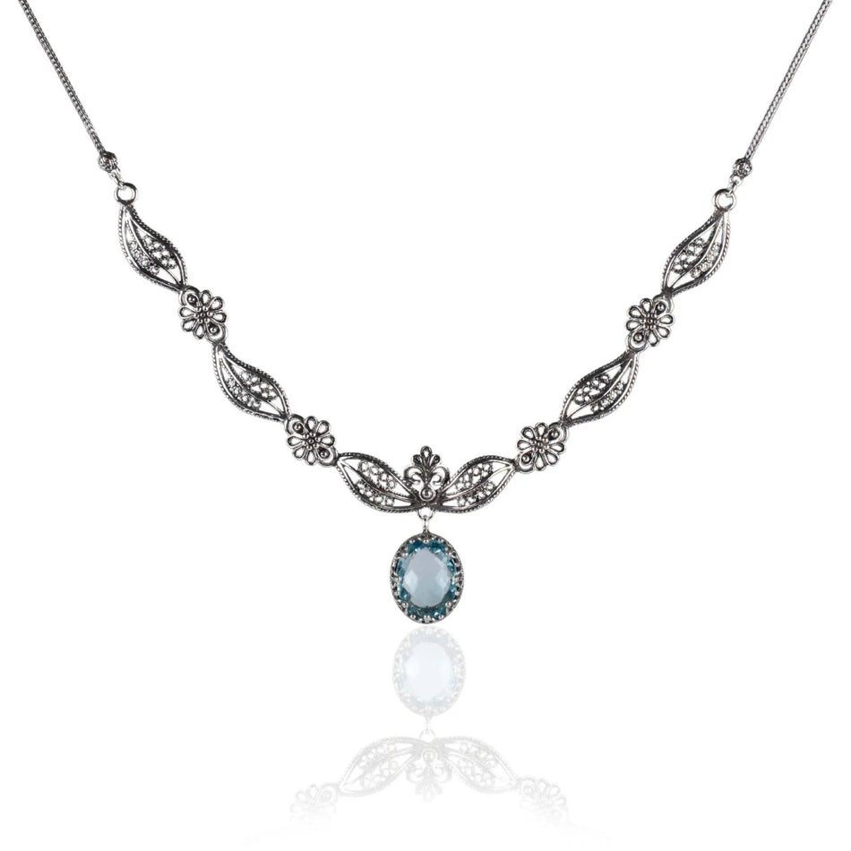 Filigree Art Blue Topaz Gemstone Women Silver Princess Necklace - Drakoi Marketplace