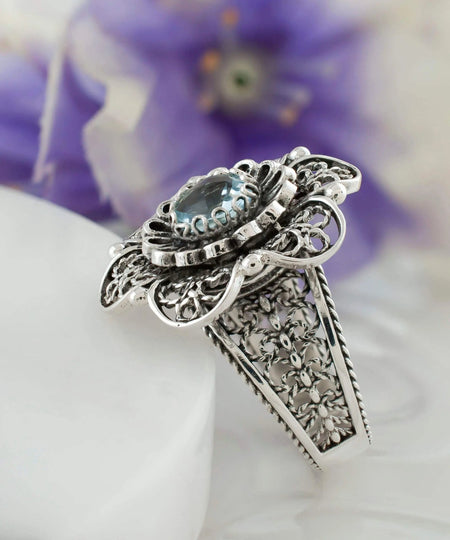 Filigree Art Blue Topaz Gemstone Women Silver Statement Ring - Drakoi Marketplace