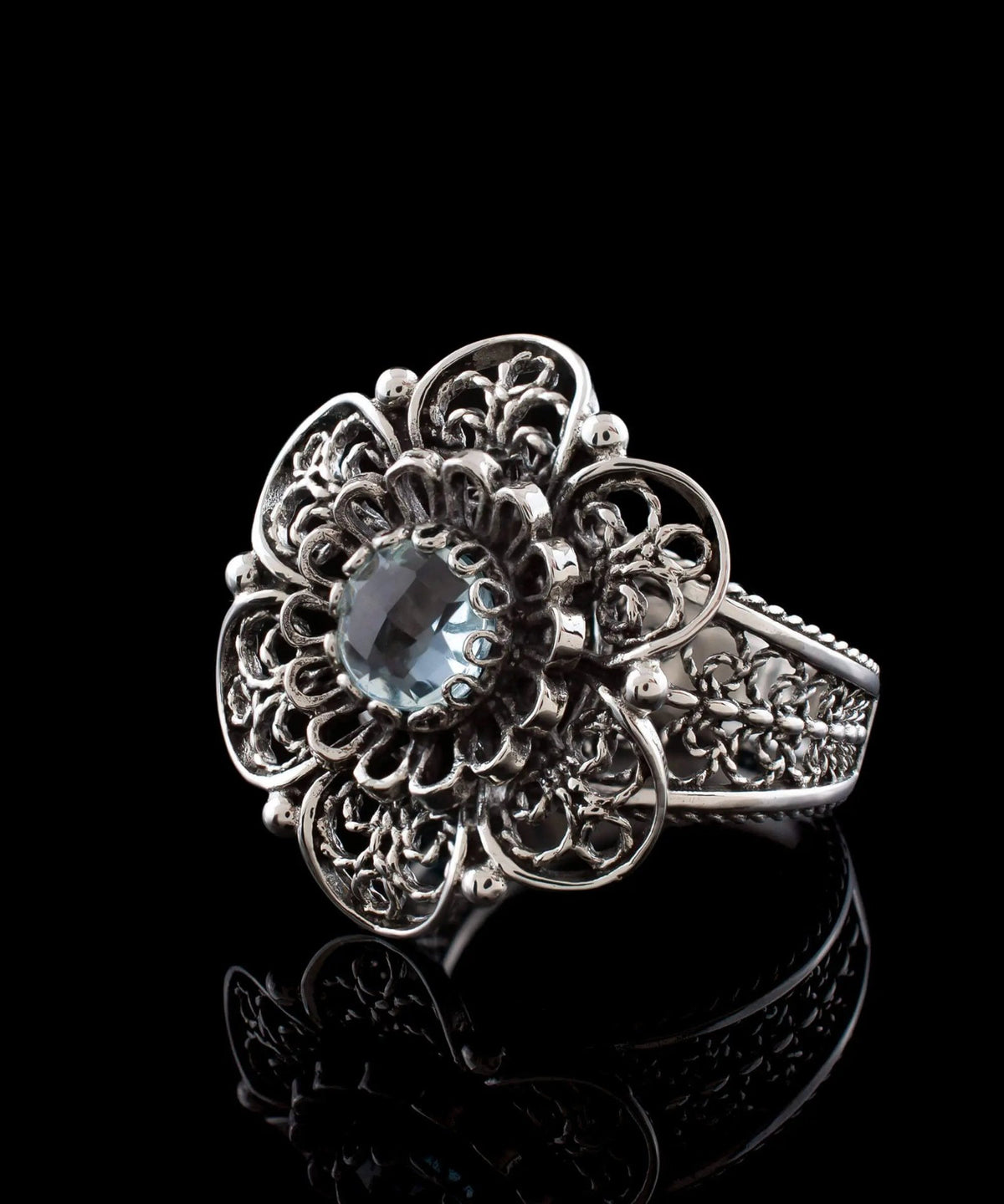 Filigree Art Blue Topaz Gemstone Women Silver Statement Ring - Drakoi Marketplace