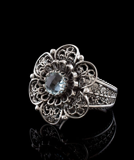 Filigree Art Blue Topaz Gemstone Women Silver Statement Ring - Drakoi Marketplace