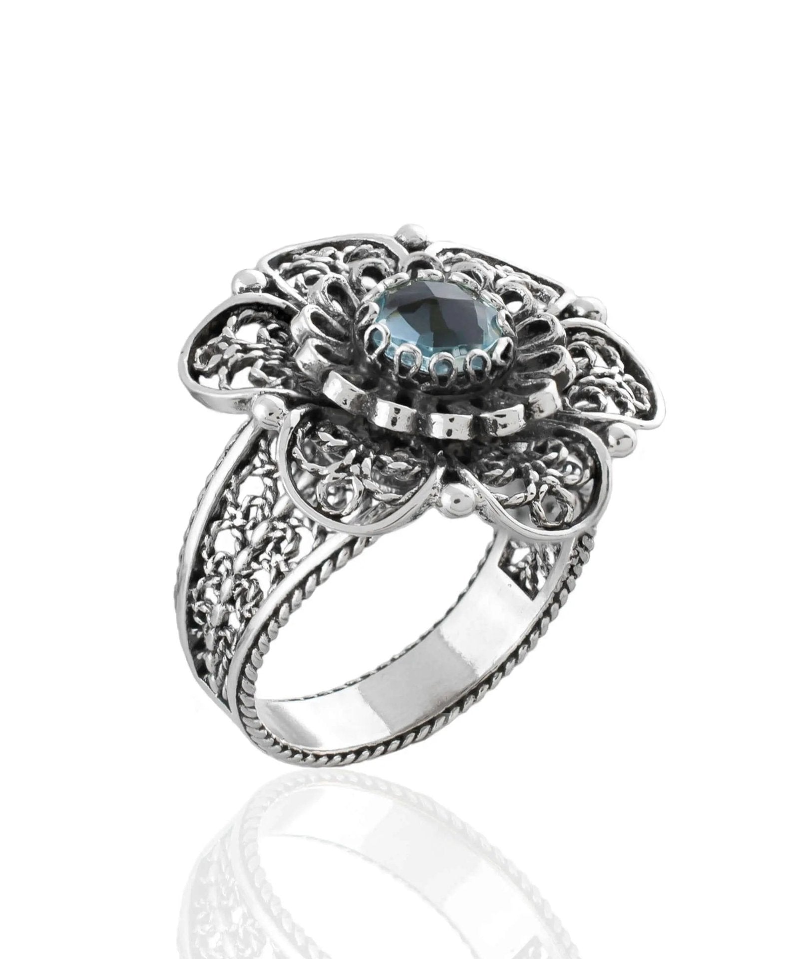 Filigree Art Blue Topaz Gemstone Women Silver Statement Ring - Drakoi Marketplace