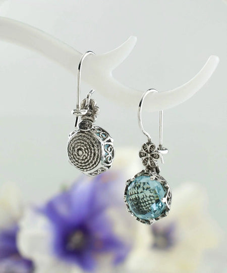 Filigree Art Blue Topaz Gemstone Women Sterling Silver Drop Earrings - Drakoi Marketplace