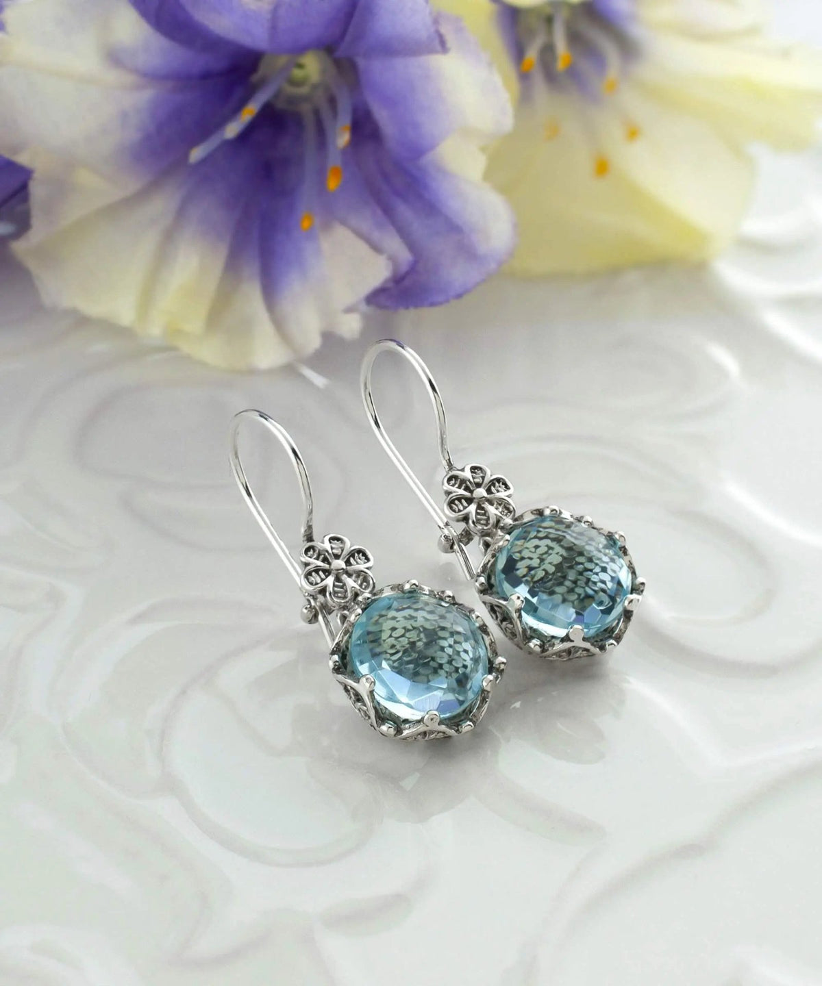 Filigree Art Blue Topaz Gemstone Women Sterling Silver Drop Earrings - Drakoi Marketplace