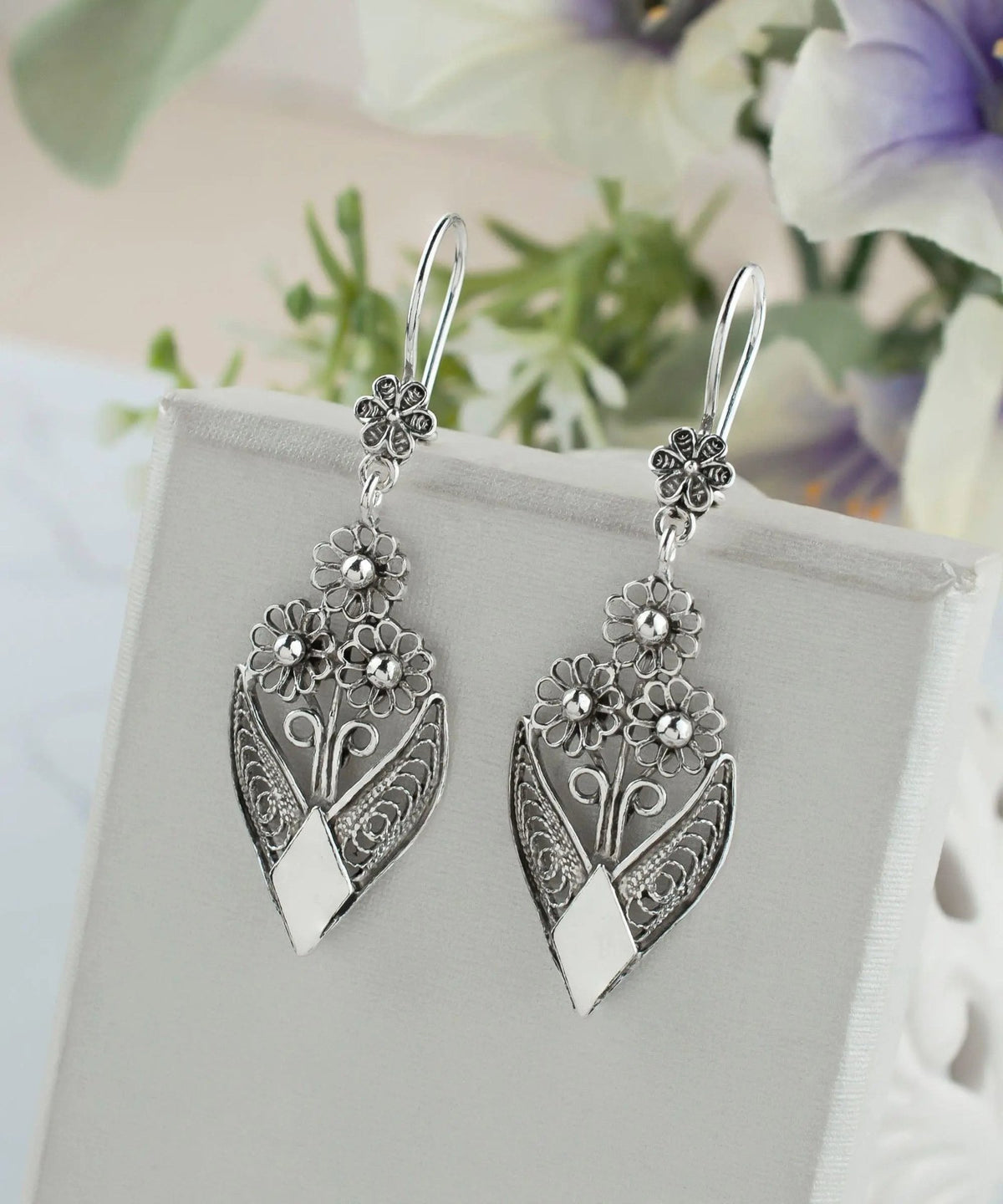 Filigree Art Bunch of Flower Women Sterling Silver Dangle Drop Earrings - Drakoi Marketplace