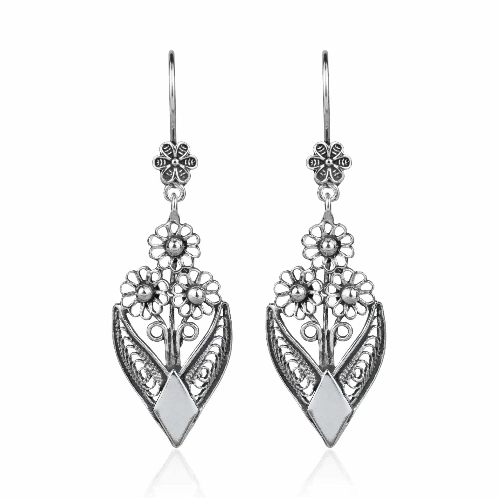 Filigree Art Bunch of Flower Women Sterling Silver Dangle Drop Earrings - Drakoi Marketplace