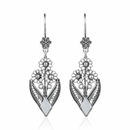 Filigree Art Bunch of Flower Women Sterling Silver Dangle Drop Earrings - Drakoi Marketplace