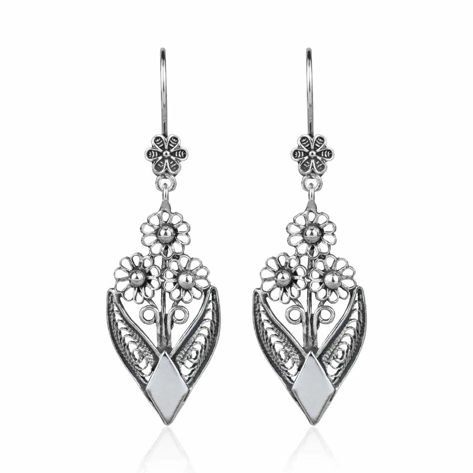 Filigree Art Bunch of Flower Women Sterling Silver Dangle Drop Earrings - Drakoi Marketplace