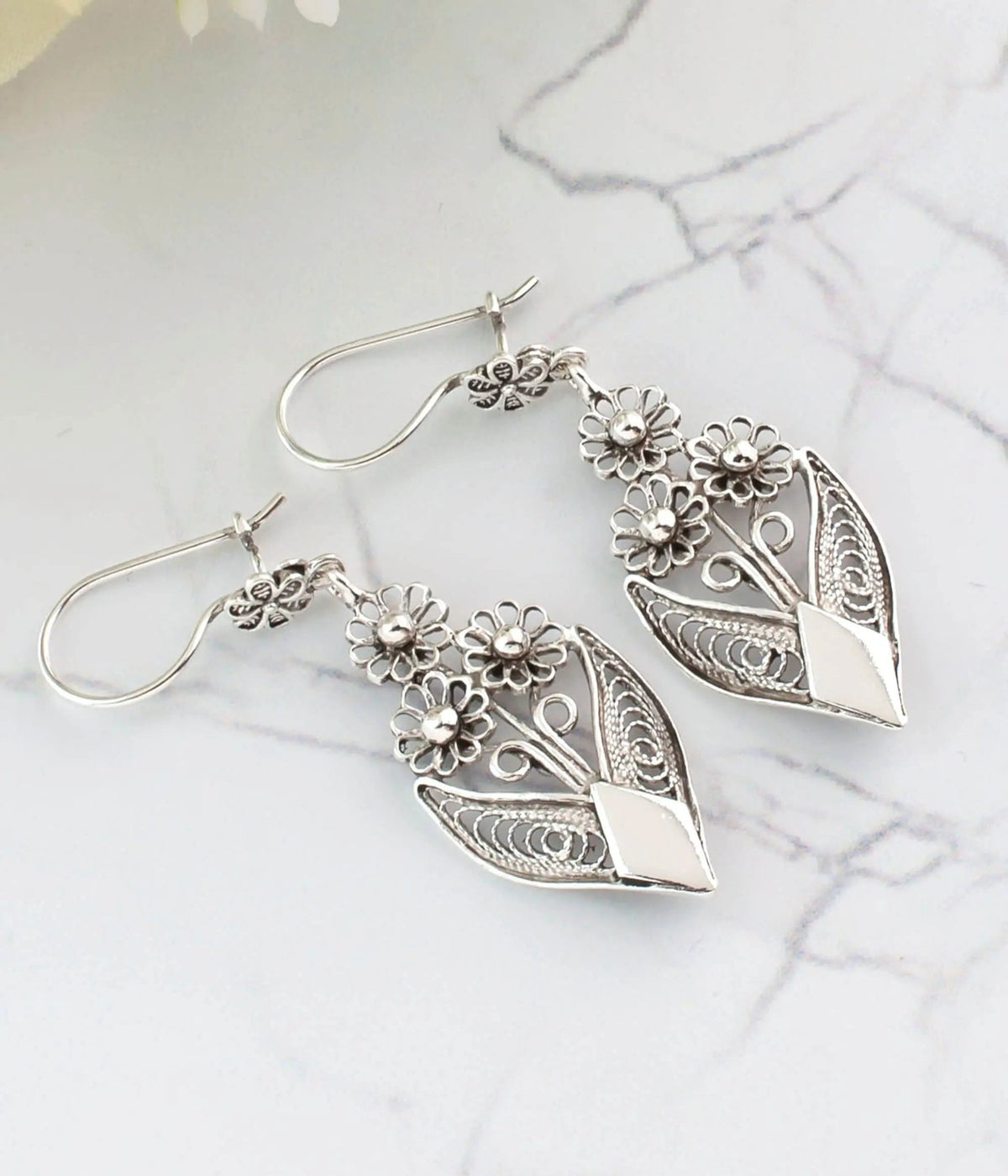 Filigree Art Bunch of Flower Women Sterling Silver Dangle Drop Earrings - Drakoi Marketplace