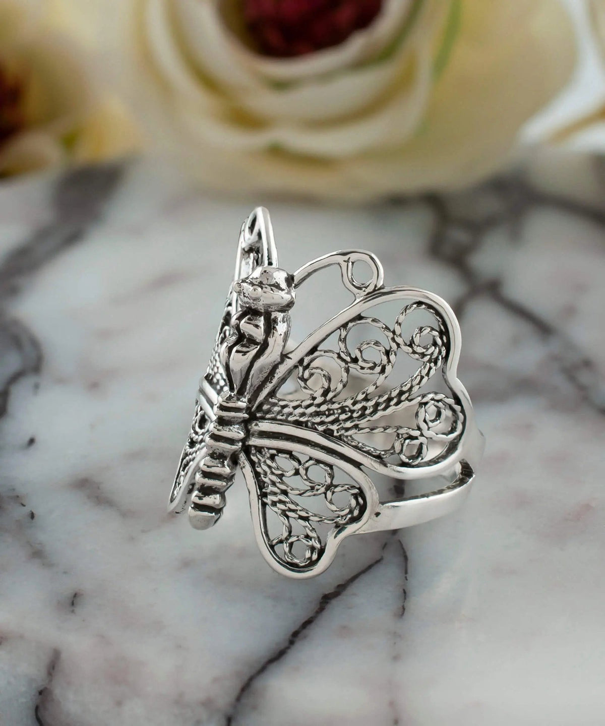 Filigree Art Butterfly Design Woman Silver Statement Ring - Drakoi Marketplace