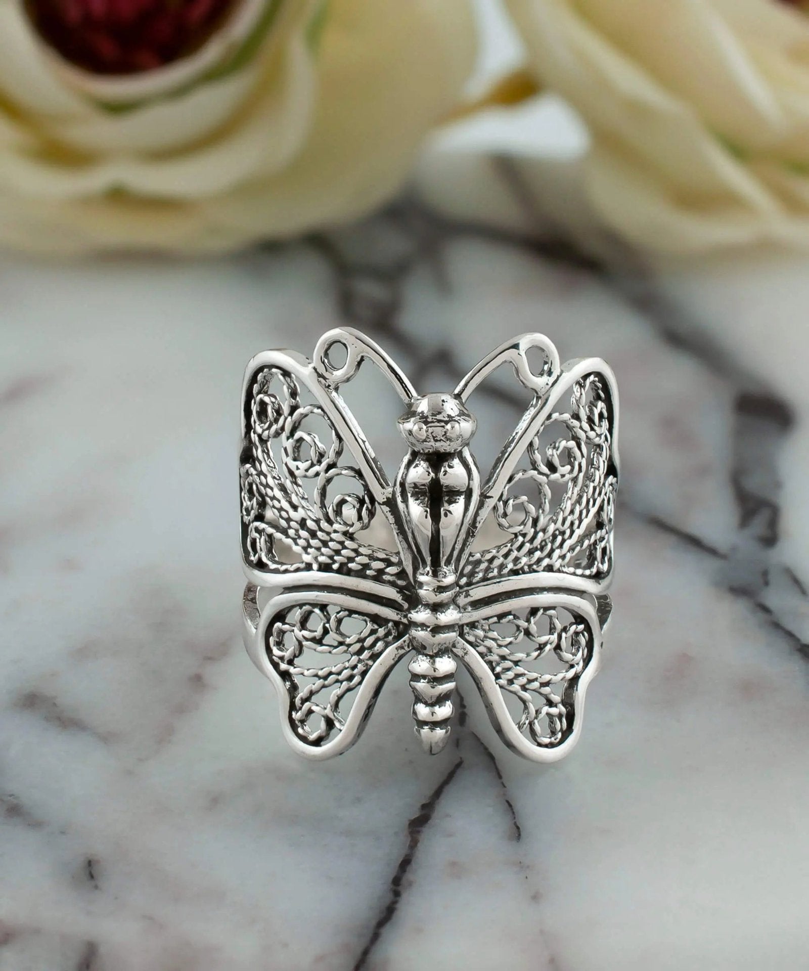 Filigree Art Butterfly Design Woman Silver Statement Ring - Drakoi Marketplace