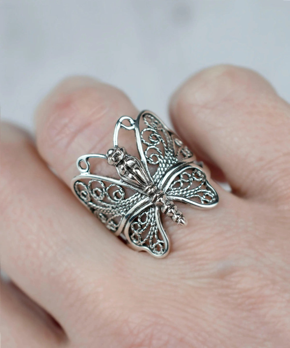 Filigree Art Butterfly Design Woman Silver Statement Ring - Drakoi Marketplace