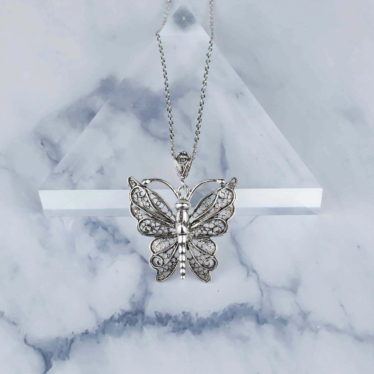 Filigree Art Butterfly Design Women Silver Pendant Necklace - Drakoi Marketplace