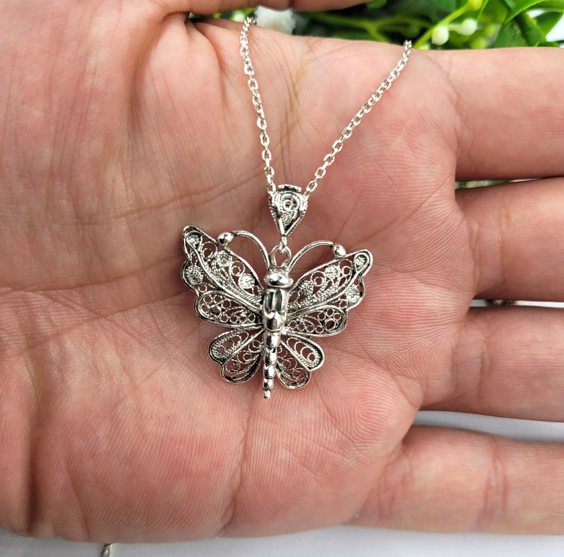 Filigree Art Butterfly Design Women Silver Pendant Necklace - Drakoi Marketplace