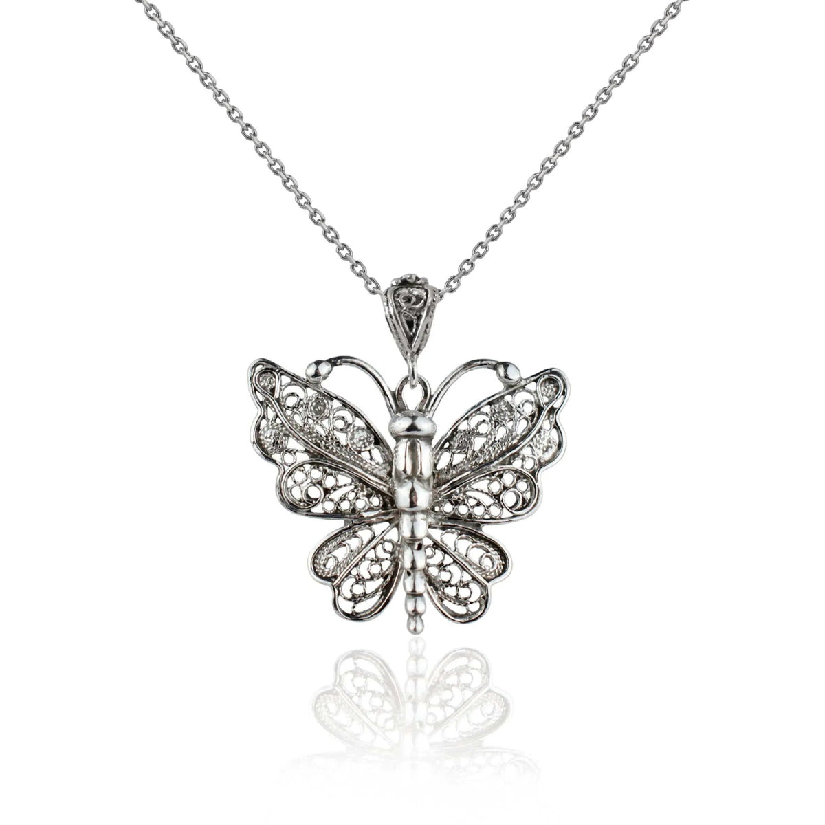 Filigree Art Butterfly Design Women Silver Pendant Necklace - Drakoi Marketplace