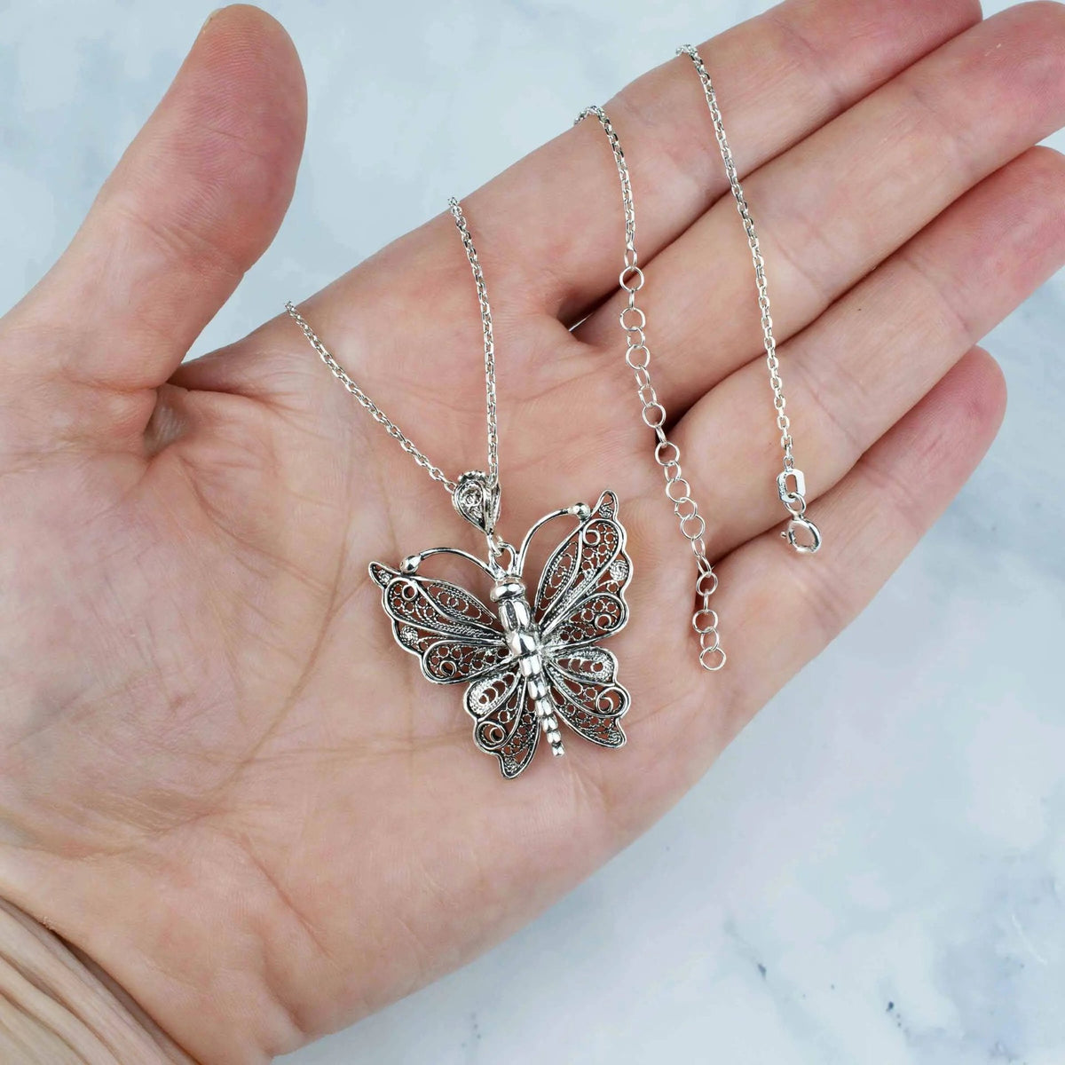 Filigree Art Butterfly Design Women Silver Pendant Necklace - Drakoi Marketplace