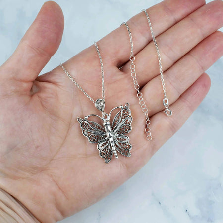 Filigree Art Butterfly Design Women Silver Pendant Necklace - Drakoi Marketplace