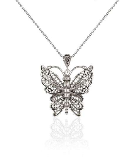 Filigree Art Butterfly Design Women Silver Pendant Necklace - Drakoi Marketplace