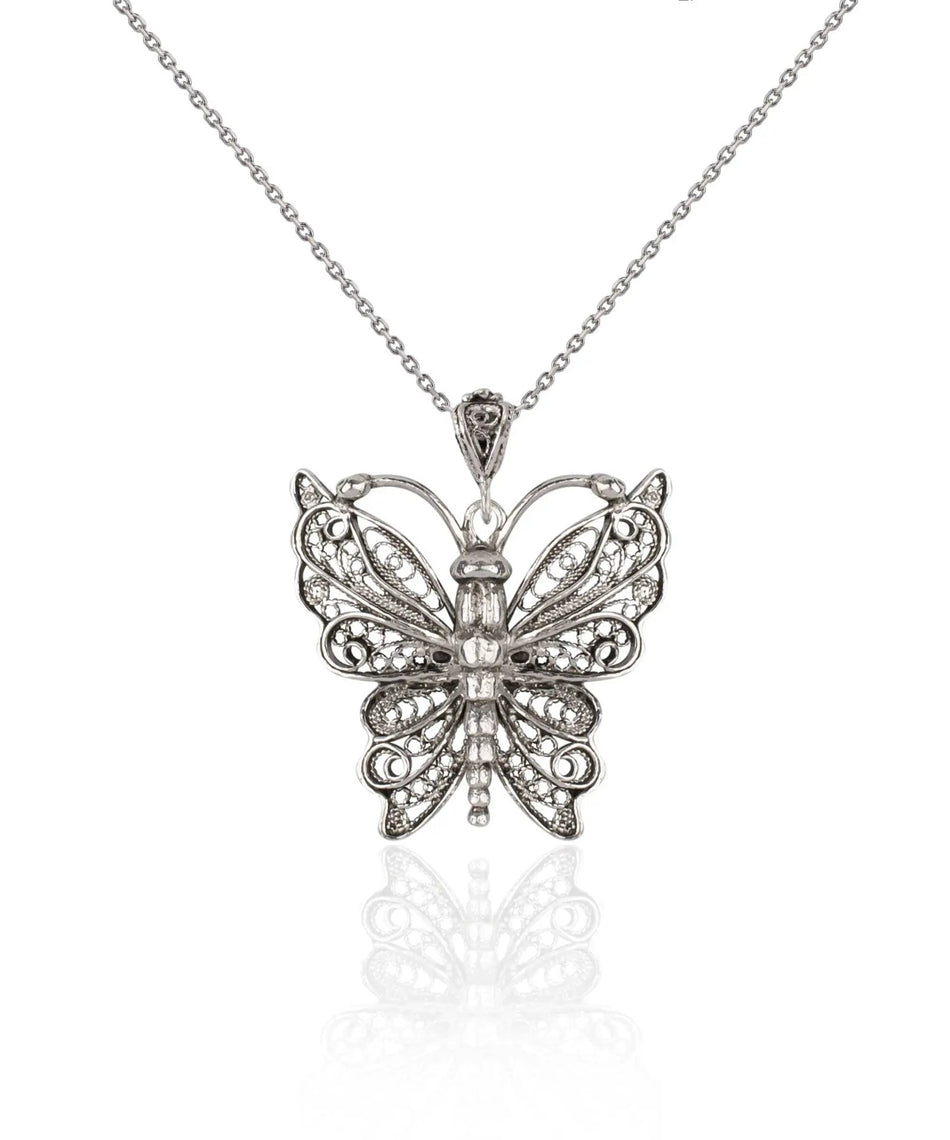 Filigree Art Butterfly Design Women Silver Pendant Necklace - Drakoi Marketplace