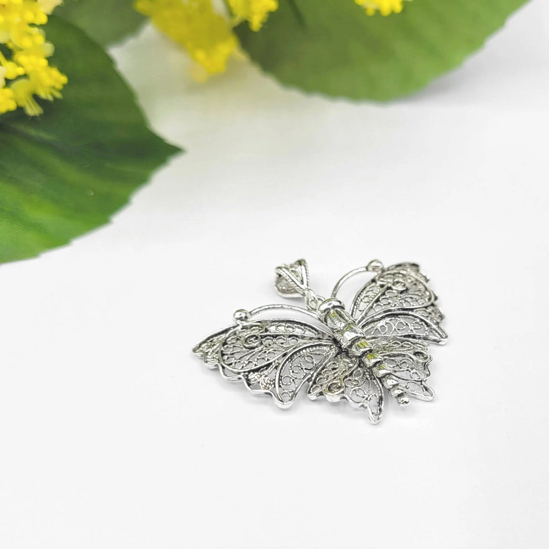 Filigree Art Butterfly Figured Women Silver Pendant Necklace - Drakoi Marketplace