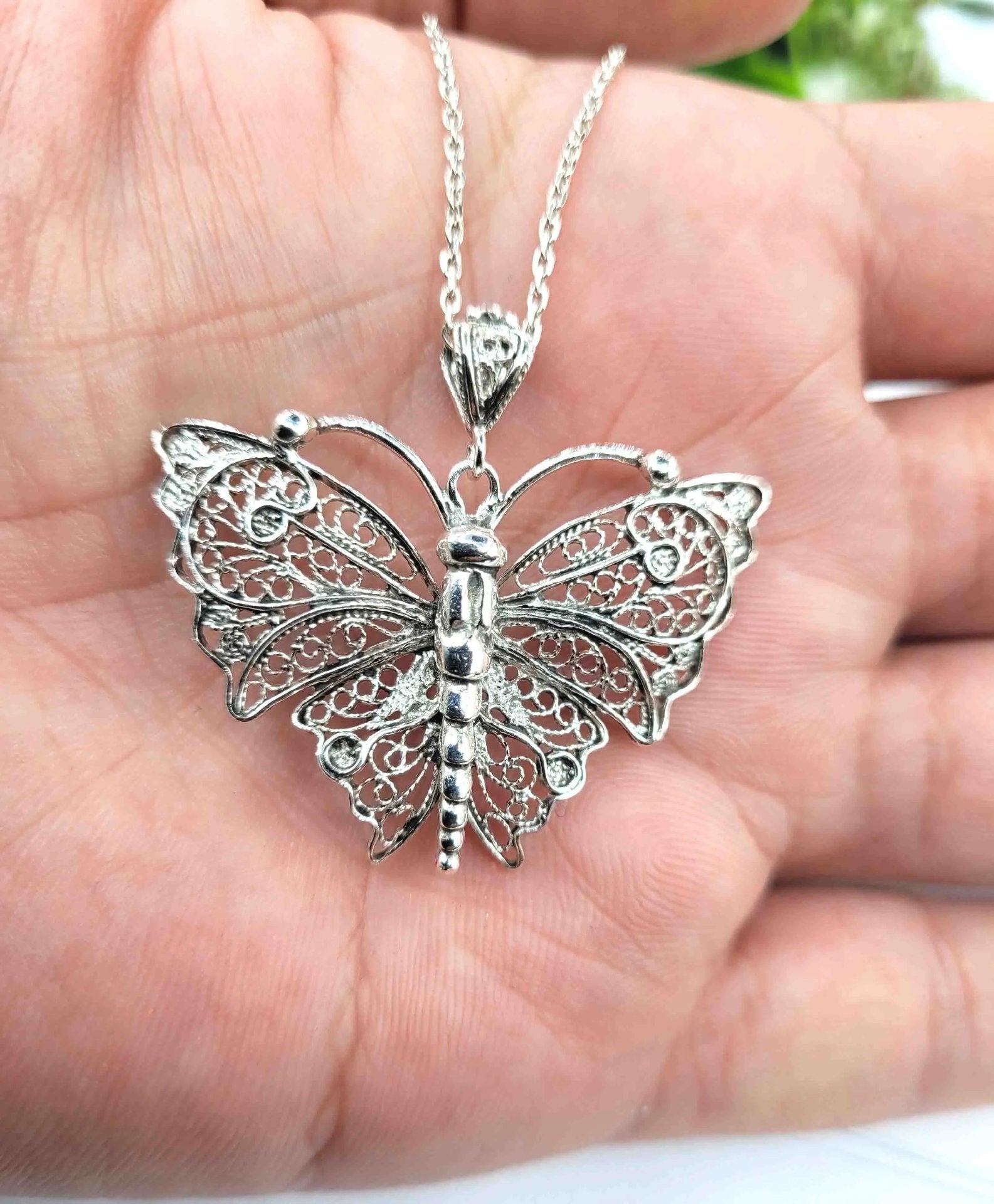 Filigree Art Butterfly Figured Women Silver Pendant Necklace - Drakoi Marketplace